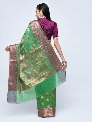 paisley zari border banarasi saree with blouse - 15622870 - Standard Image - 2