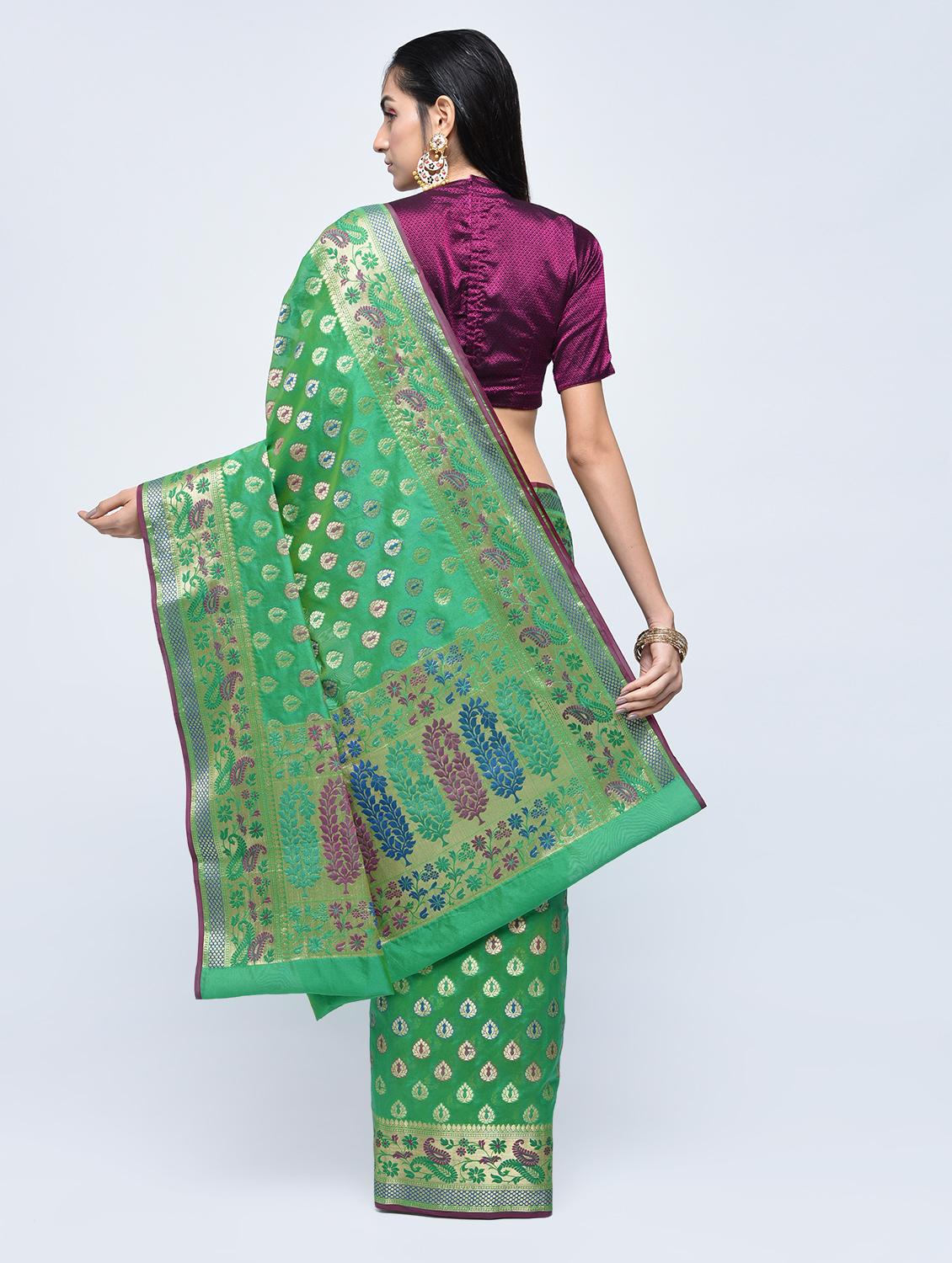 paisley zari border banarasi saree with blouse - 15622873 - Zoom Image - 2