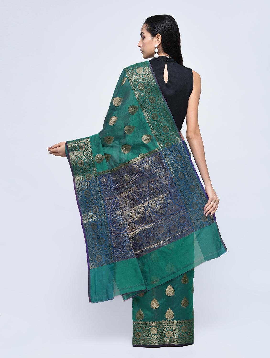 floral zari border banarasi saree with blouse - 15622882 - Zoom Image - 2