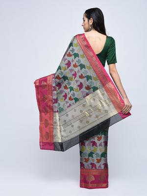 contrast zari border woven saree with blouse - 15622885 - Standard Image - 2