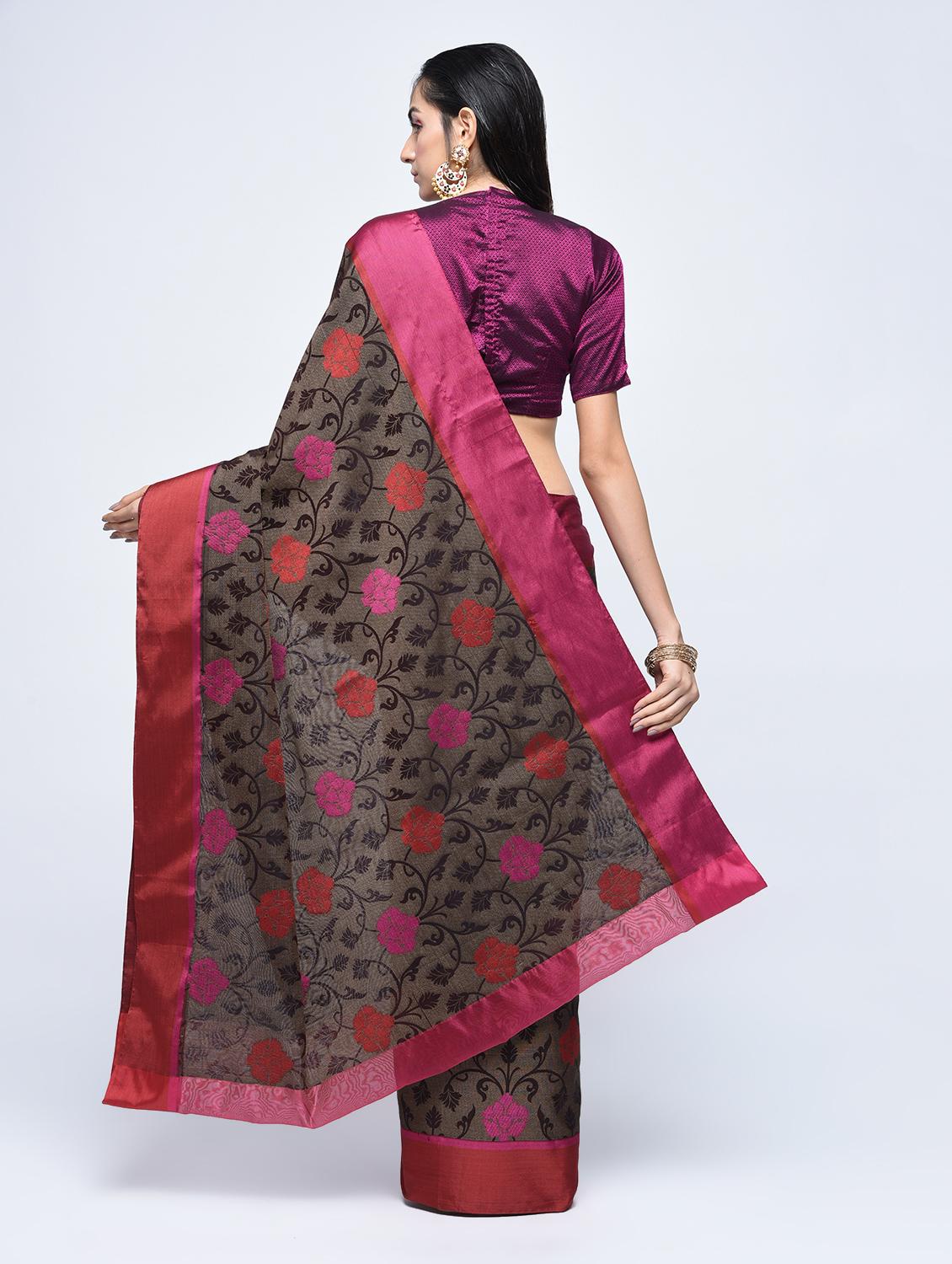 floral motif woven saree with blouse - 15622890 - Zoom Image - 2