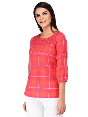 embroidered neck button detail checkered top - 15623564 - Standard Image - 2