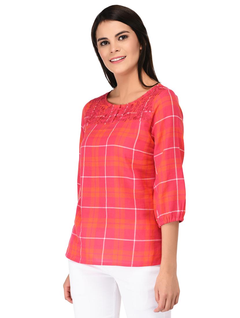 embroidered neck button detail checkered top - 15623564 - Zoom Image - 2