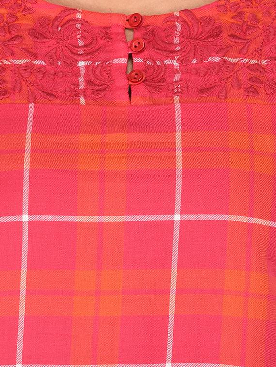 embroidered neck button detail checkered top - 15623564 - Zoom Image - 5