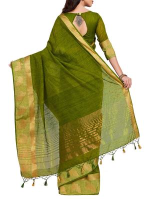 conversational border linen woven saree with blouse - 15625384 - Standard Image - 2