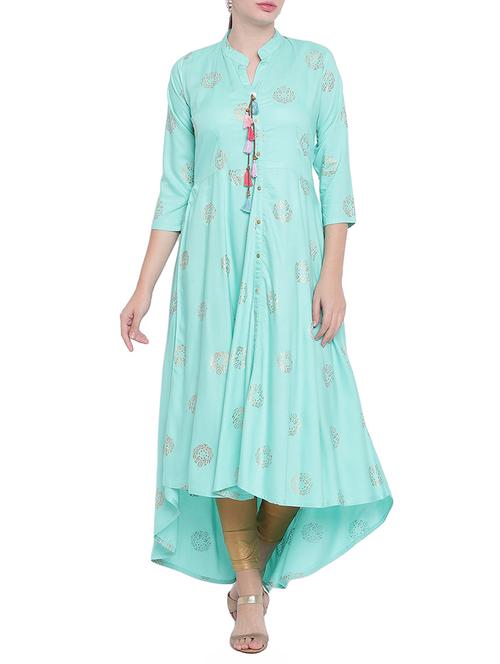 high low foil print kurta with tassels - 15627210 - Standard Image - 1