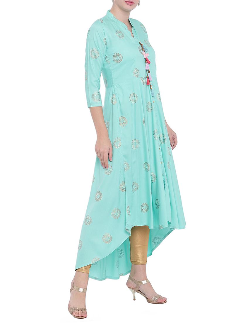 high low foil print kurta with tassels - 15627210 - Zoom Image - 2