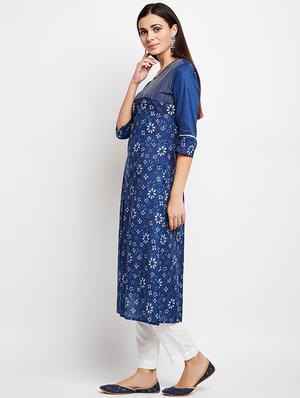 blue cotton straight kurta - 15629503 - Standard Image - 2