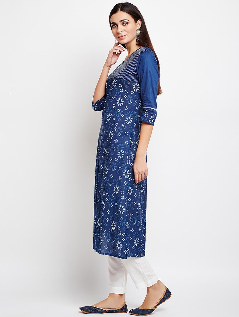 blue cotton straight kurta - 15629503 - Zoom Image - 2