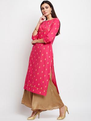 Fuchsia foil print kurta - 15629510 - Standard Image - 2