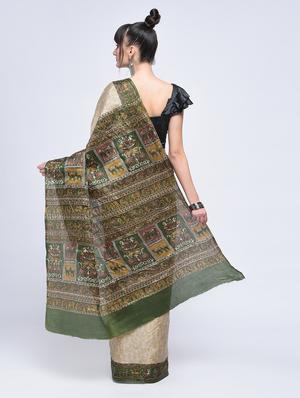 contrast pallu warli printed saree with blouse - 15630536 - Standard Image - 2