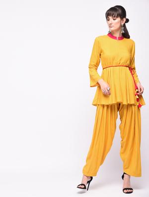 Tassels drawstring soild kurti with salwar set - 15642074 - Standard Image - 2