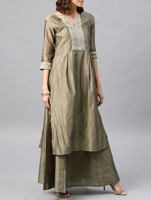 yoke design chanderi kurta with skirt set - 15642319 - Standard Image - 2