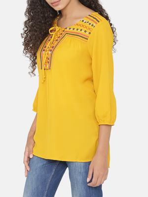embroidered yoke tie up neck tunic - 15646148 - Standard Image - 2
