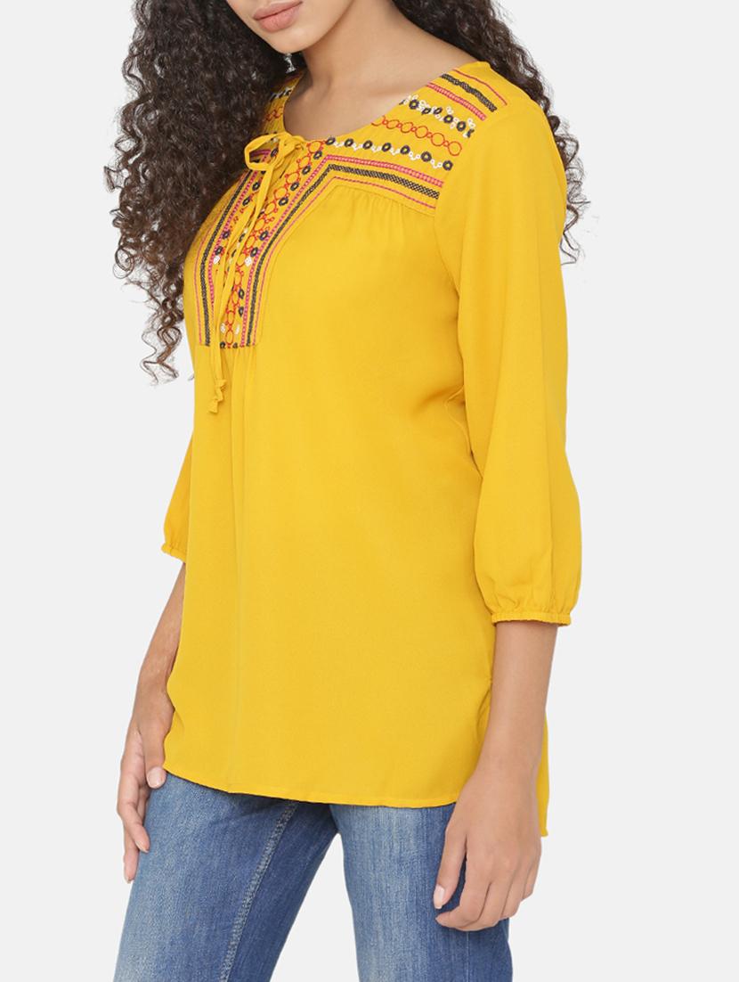 embroidered yoke tie up neck tunic - 15646148 - Zoom Image - 2