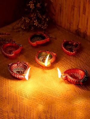 aapno rajasthan mango design handpainted terracotta diyas - set of 6 - 15649183 - Standard Image - 2