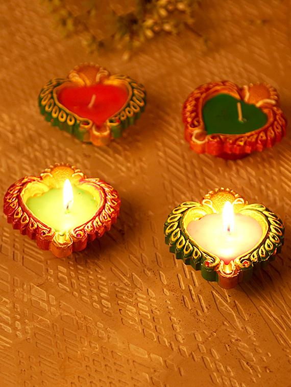 aapno rajasthan multicoloured wax filled terracotta diyas-set of 4 - 15649191 - Zoom Image - 2