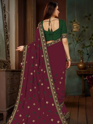 floral border embroidered saree with blouse - 15650434 - Standard Image - 2