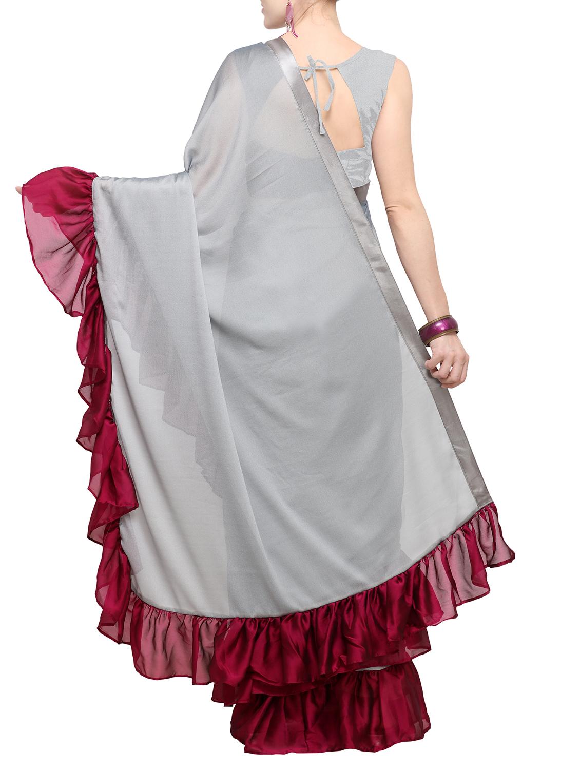 contrast ruffle border saree with blouse - 15655071 - Zoom Image - 2