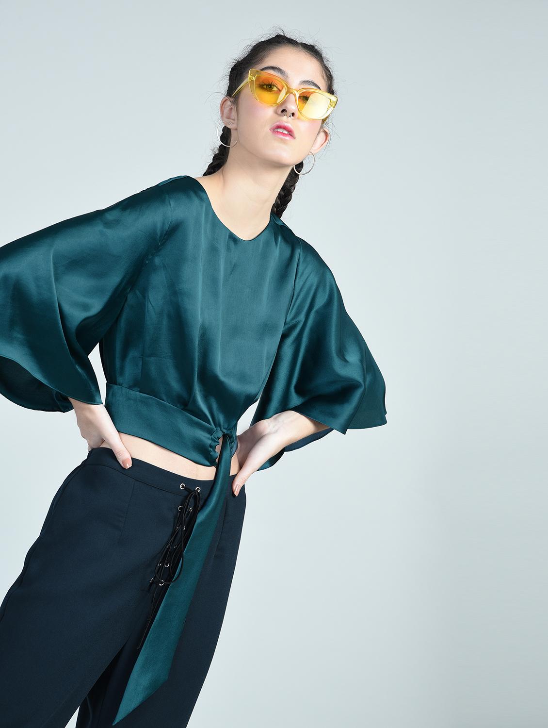 tie up bell sleeved crop top - 15671426 - Zoom Image - 2