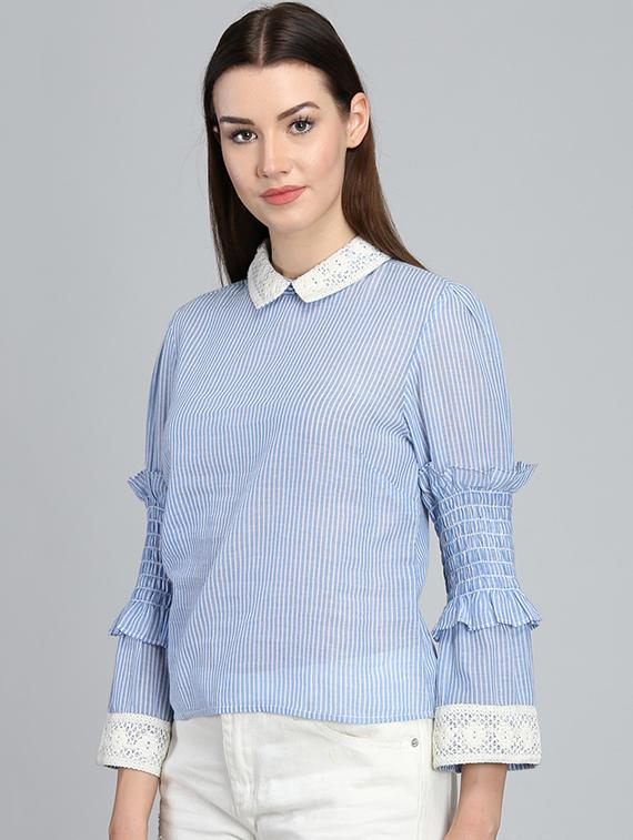 smocked sleeved lace collared striped top - 15671784 - Zoom Image - 2