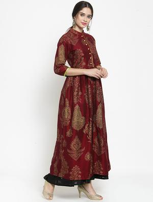 High slit foil print silk gotta work kurta - 15676250 - Standard Image - 2