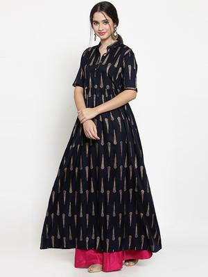 Navy flared foil print kurta - 15676254 - Standard Image - 2