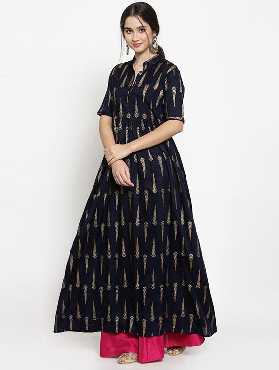 Navy flared foil print kurta - 15676254 - Zoom Image - 2