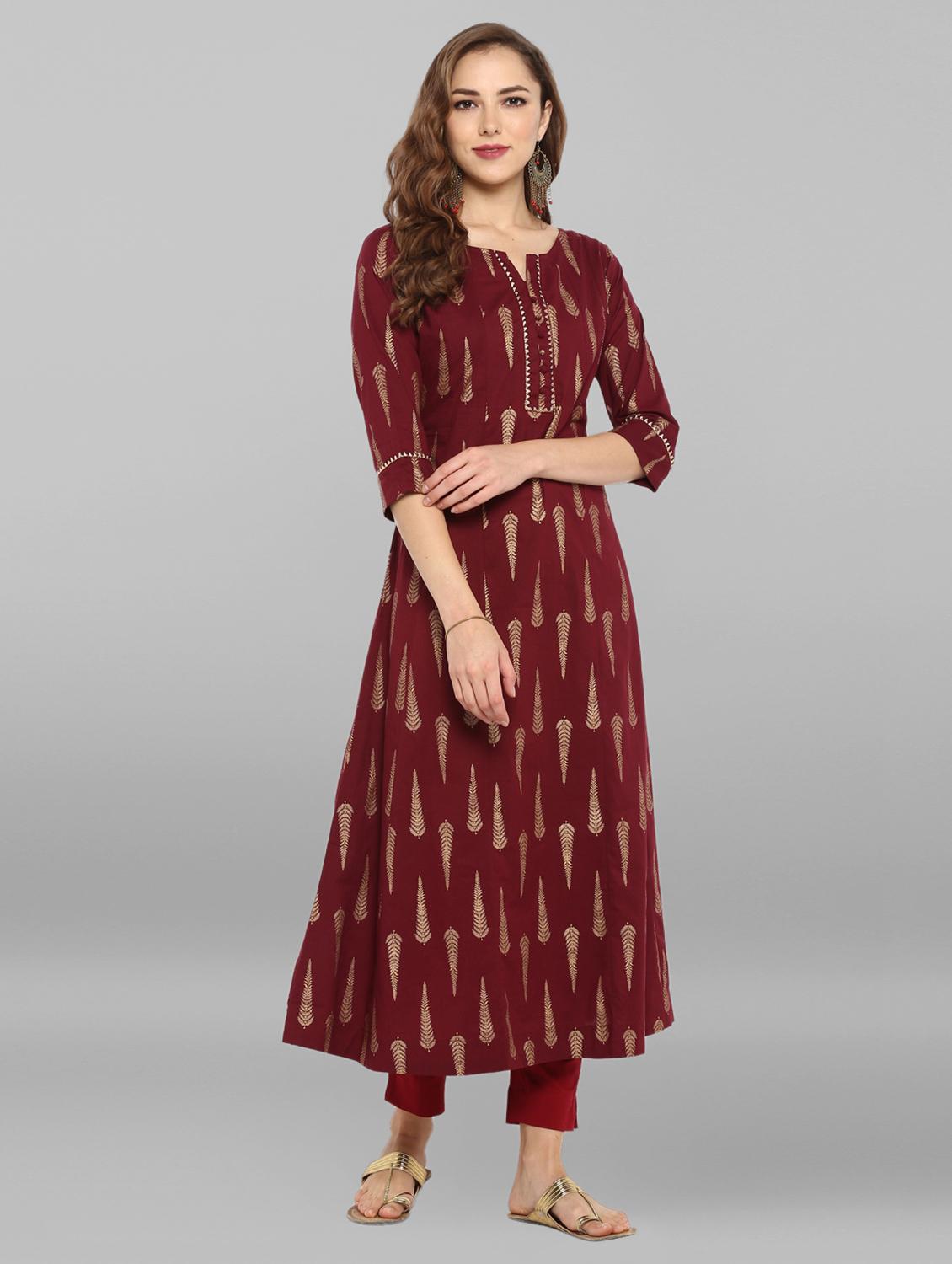Burgundy a-line foil print kurta - 15676551 - Zoom Image - 2