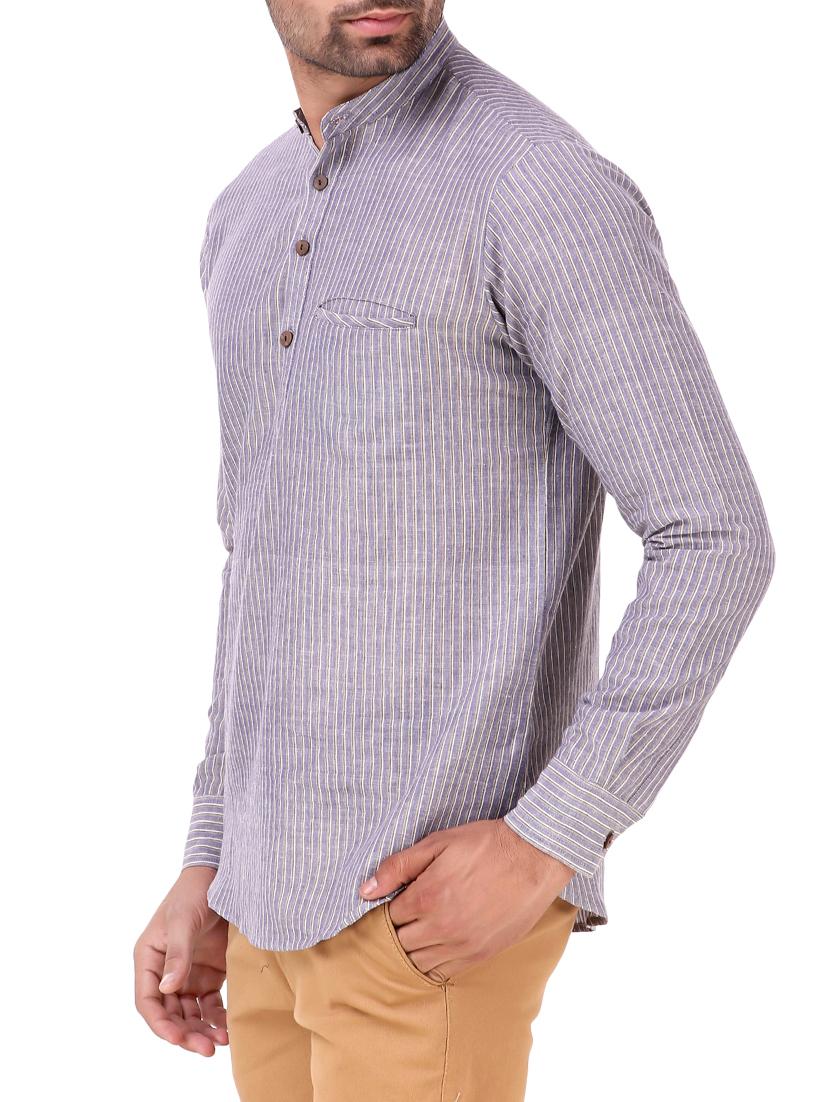 blue khadi cotton short kurta - 15680755 - Zoom Image - 2