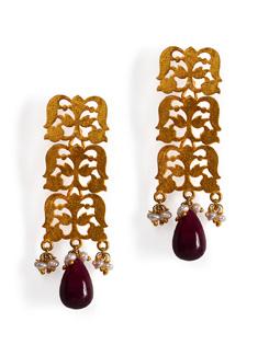 Gold Plated Silver earring with Ruby drop and fresh water pearls - Posy Samriddh