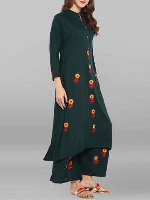 Embroidered kurta & palazzo set - 15692321 - Standard Image - 2