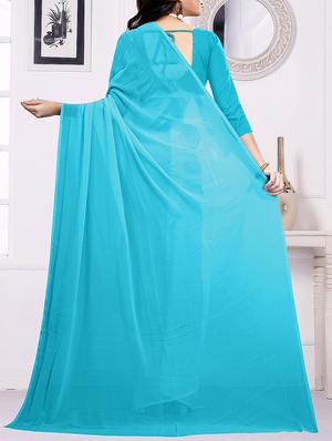 turquoise plain saree with blouse - 15692361 - Standard Image - 2