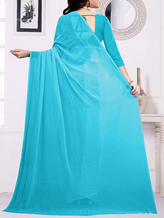 turquoise plain saree with blouse - 15692361 - Zoom Image - 2