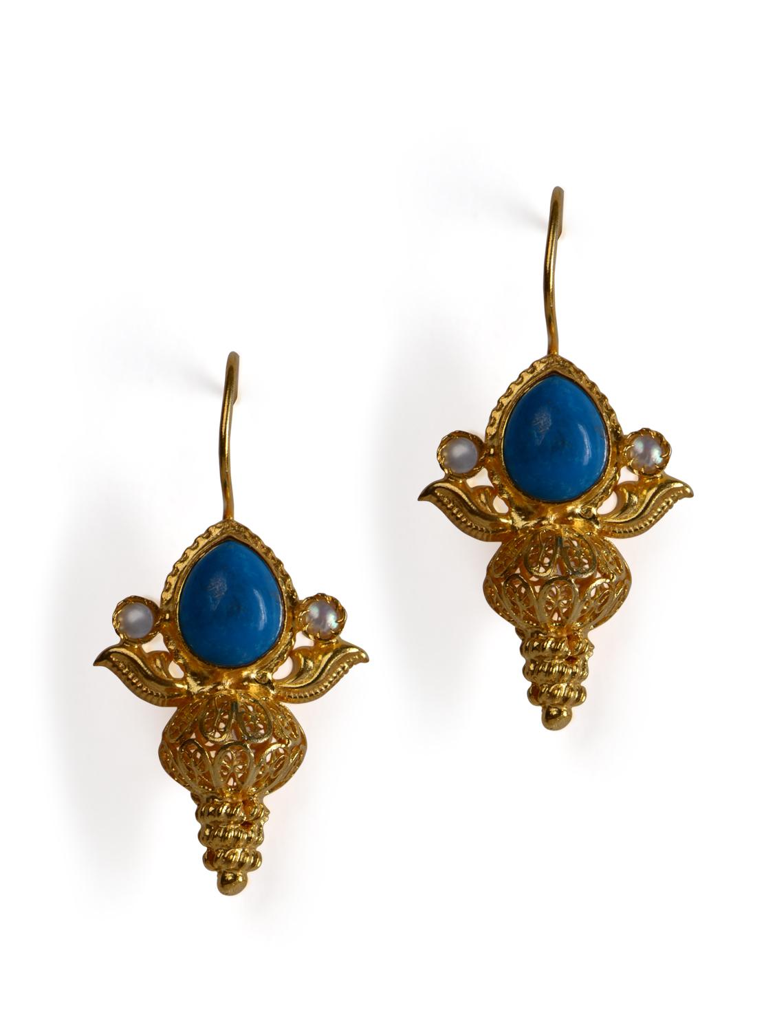 Gold Plated Danglers With Turquoise Blue Stone - Posy Samriddh
