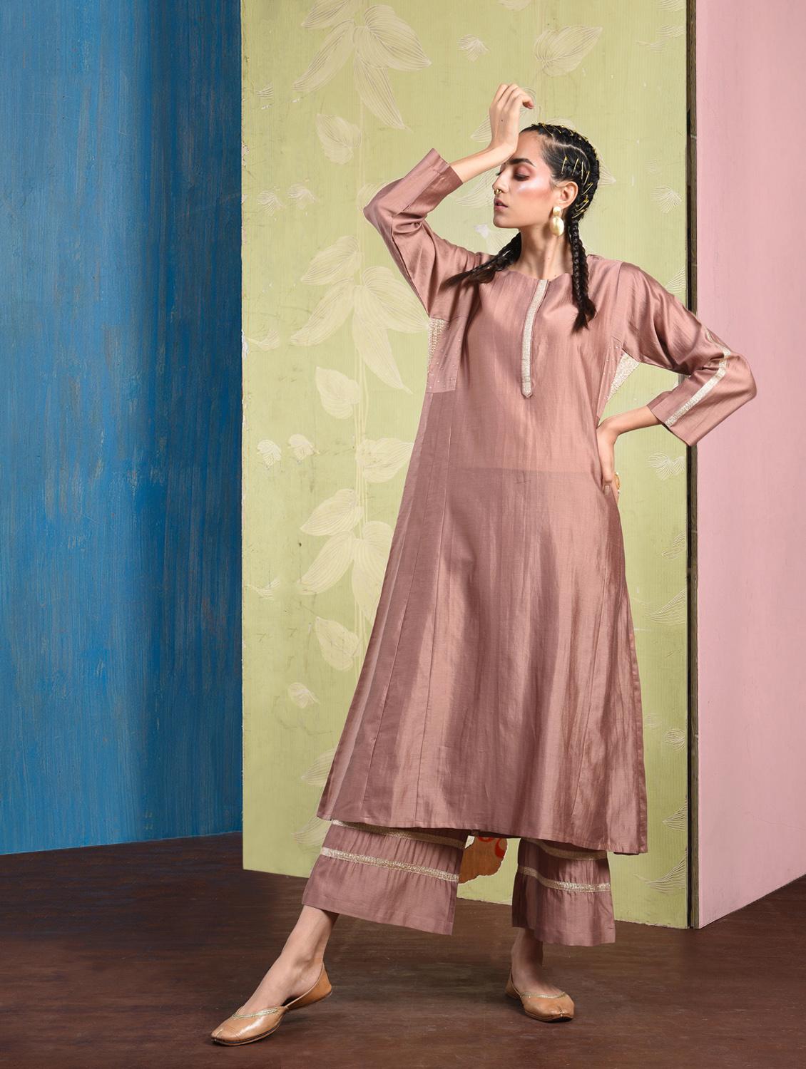 Coral gotta lace silk a-line kurta - 15693022 - Zoom Image - 2