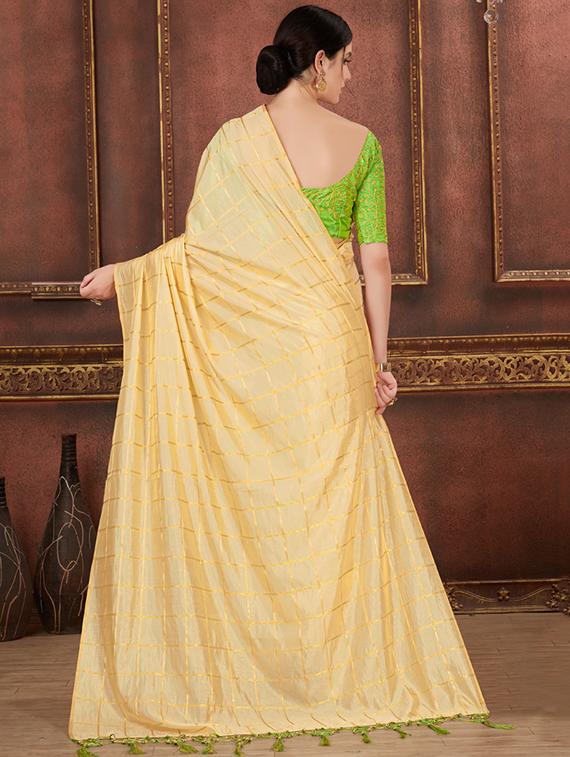 checkered cream printed saree with blouse - 15693871 - Zoom Image - 2