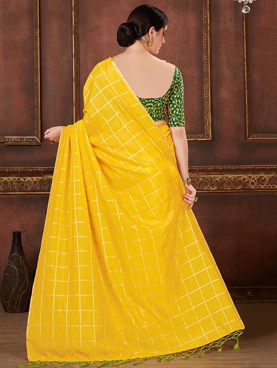 checkered yellow printed saree with blouse - 15693882 - Zoom Image - 2