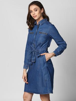 belted denim shirt collar dress - 15695655 - Standard Image - 2