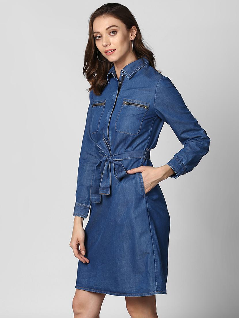 belted denim shirt collar dress - 15695655 - Zoom Image - 2