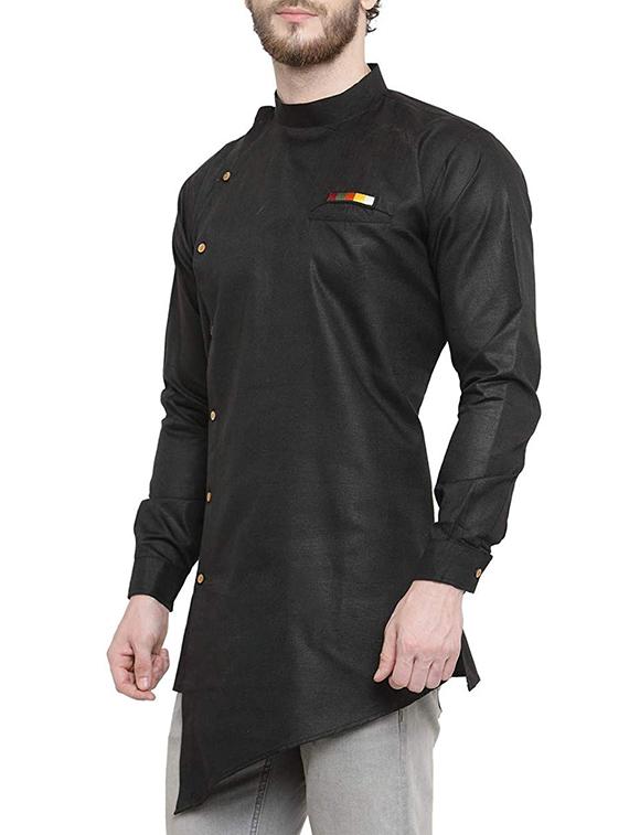 black cotton asymmetric kurta - 15695931 - Zoom Image - 2