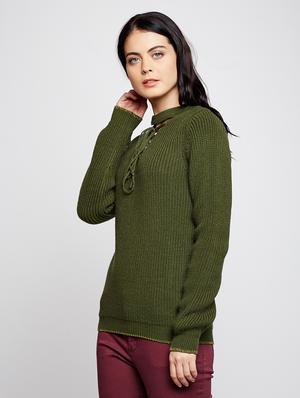 tie up neck ribbed knit pullover - 15698042 - Standard Image - 2