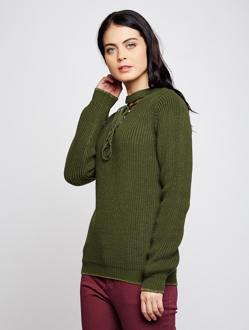 tie up neck ribbed knit pullover - 15698042 - Zoom Image - 2
