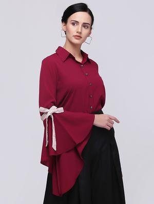 bow tie up bell sleeved shirt - 15701575 - Standard Image - 2