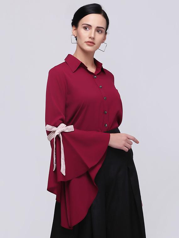bow tie up bell sleeved shirt - 15701575 - Zoom Image - 2