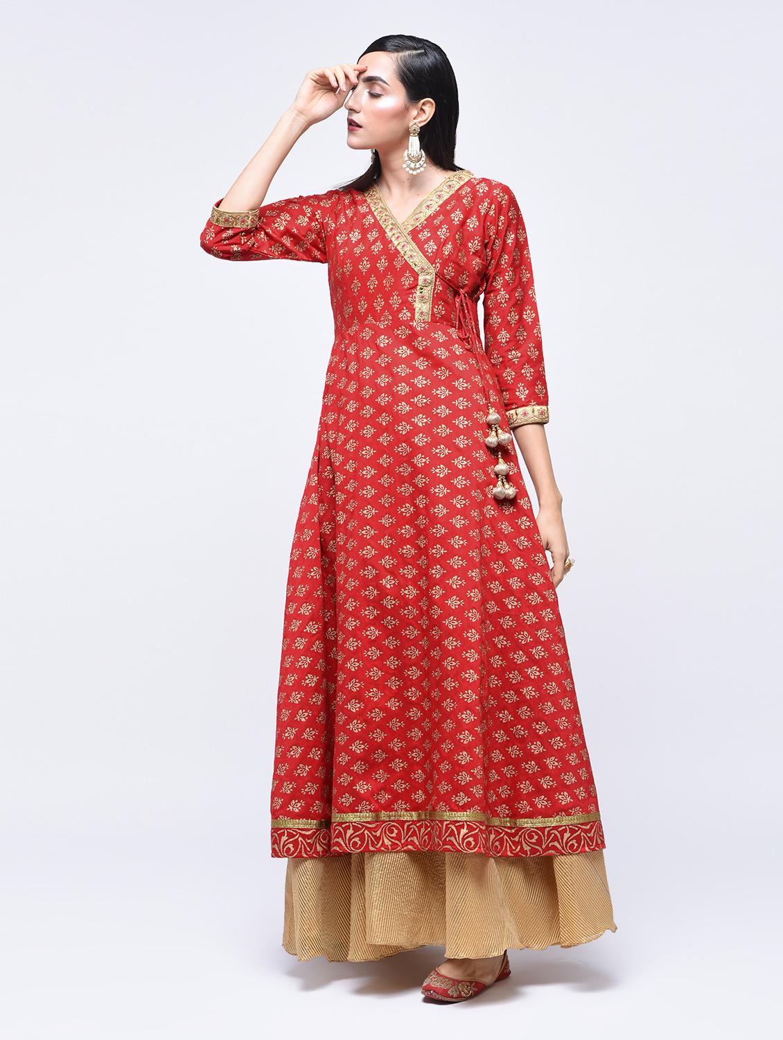 Foil print Angrakha kurta with tassels - 15701751 - Zoom Image - 2