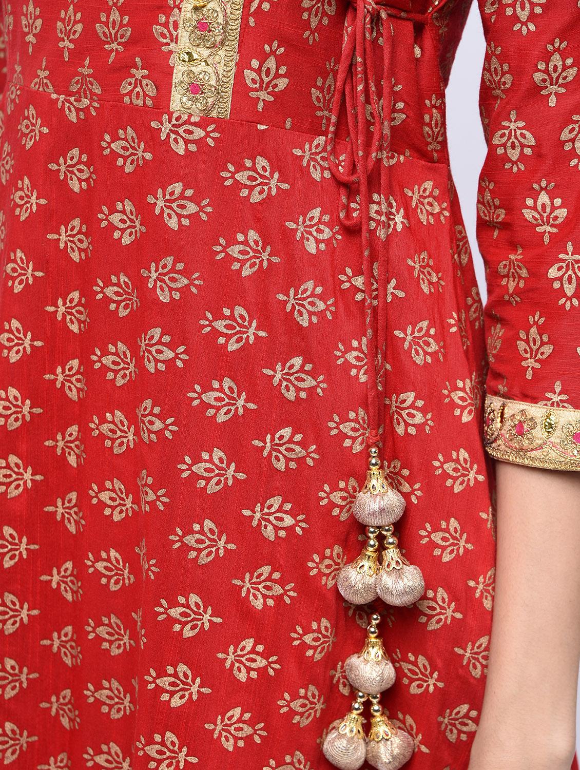 Foil print Angrakha kurta with tassels - 15701751 - Zoom Image - 5