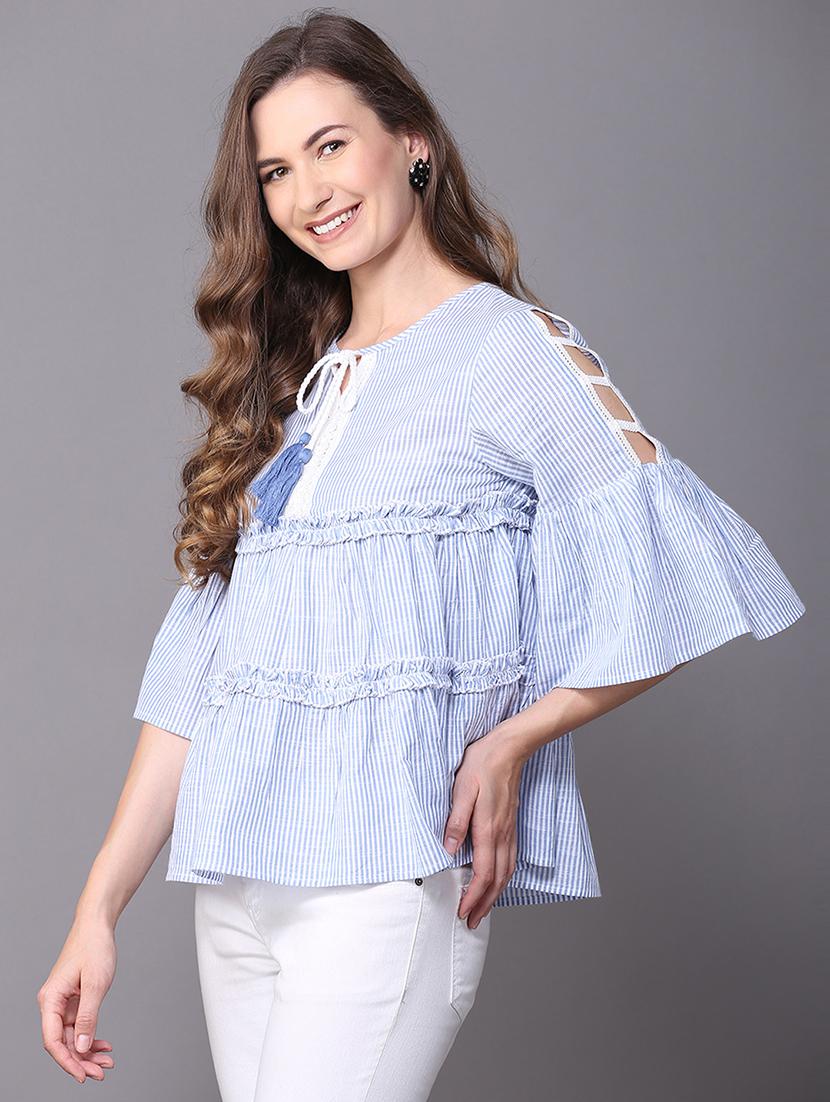 tassel tie-up frill trim laced top - 15707917 - Zoom Image - 2