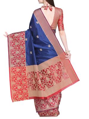 contrast zari border banarasi saree with blouse - 15710573 - Standard Image - 2