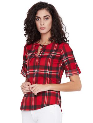 tie-up neck checkered top - 15711193 - Standard Image - 2